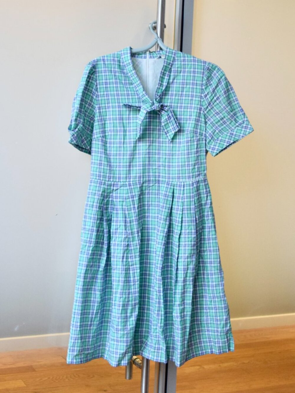Green Plaid Midi Cotton A Line Dress - Short Sleeve/Lined